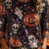 Eliza | Halloween-Inspired Multi Pumpkin Ghost Skull Print Three Quarter Sleeves Top