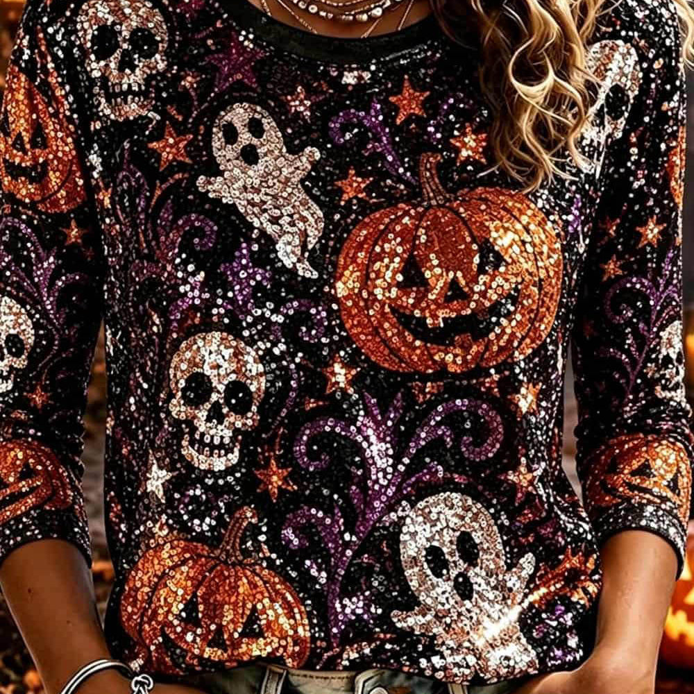 Eliza pumpkin ghost skull blouse in black, orange, front view