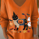 Audrey | Halloween-Inspired Orange Black Cat Pumpkin Print V Neck Long Sleeve Top