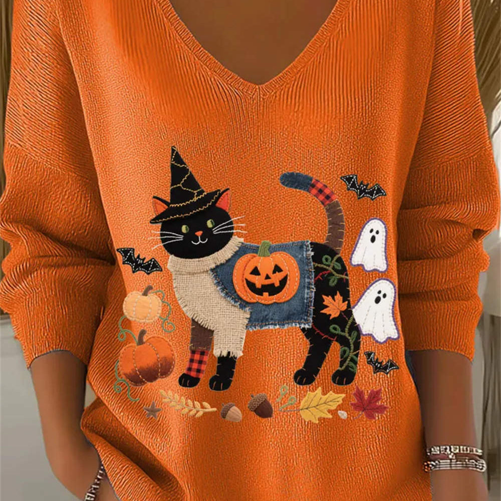 Audrey cat pumpkin v neck top in orange, front view