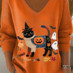 Audrey cat pumpkin v neck top in orange, front view