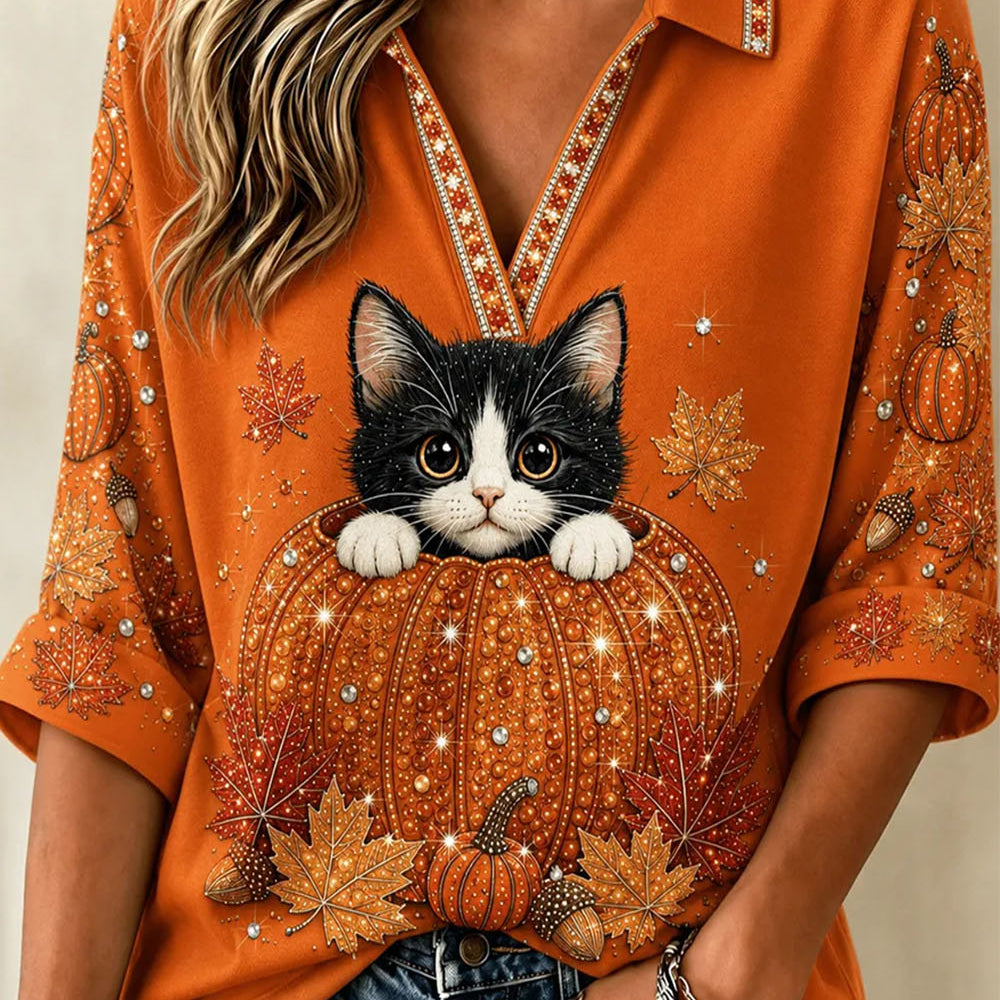 Victoria cat pumpkin collared blouse in orange, front view