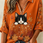 Victoria cat pumpkin collared blouse in orange, front view