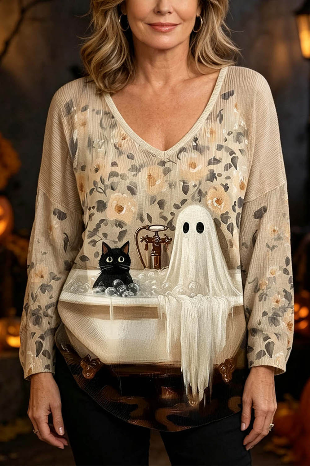Alicia Ghost Cat Bathtub Top in beige, front view