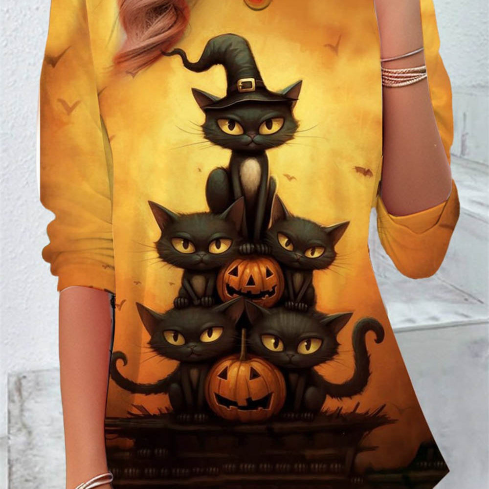 Harriet Cat Pumpkin Print Top in yellow, front view