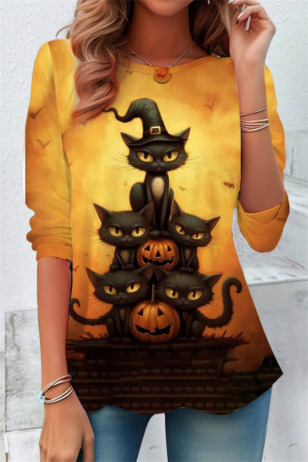 Harriet Cat Pumpkin Print Top in yellow, front view
