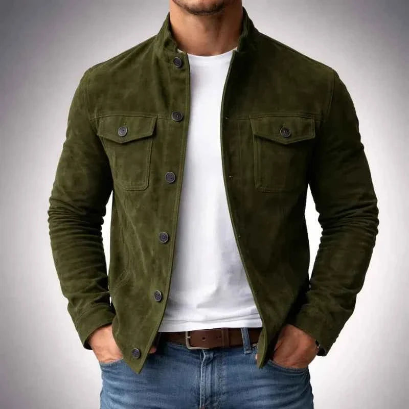 Calvin men's genuine suede trucker jacket in Green, front view