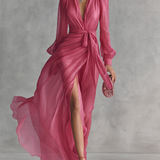 Alexis - Elegant Rose Pink Chiffon V-neck Tie-waist Long Dress