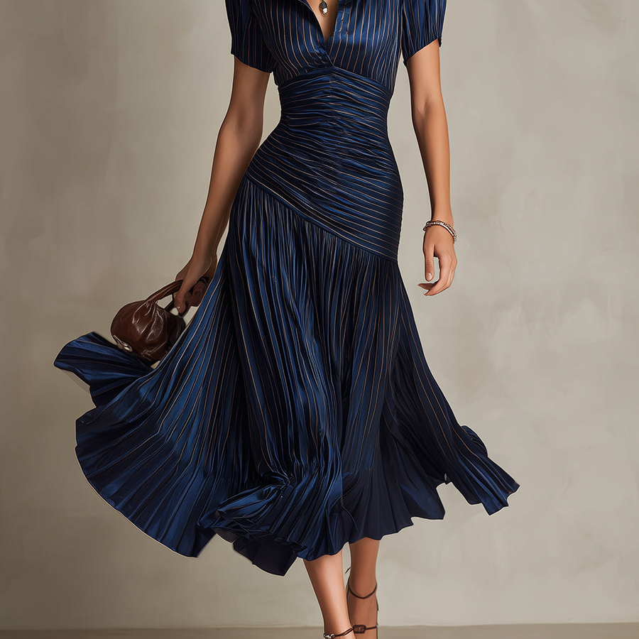 Shelby - Striped Shirt Collar Midi Dress