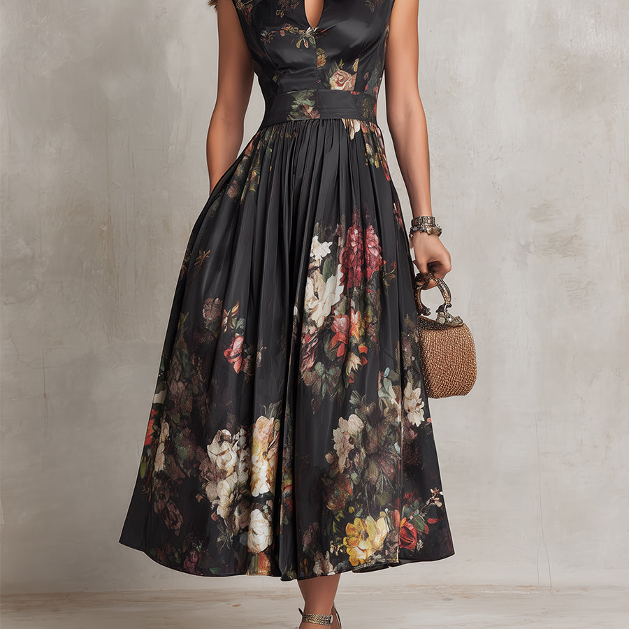 Courtney - Floral Keyhole Pleated Midi Dress