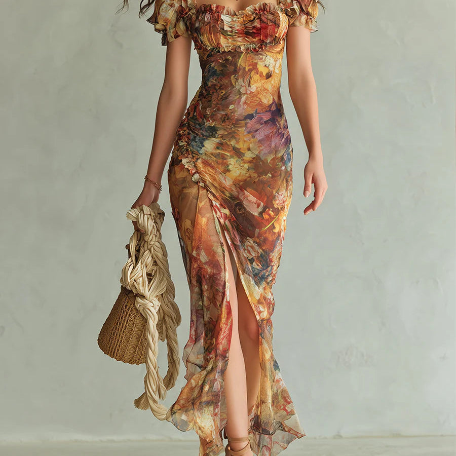 Aria - Long orange chiffon dress with bohemian-style oil painting print