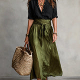 Lyla - Two-Piece Set: Black T-Shirt and Olive Green Midi Skirt