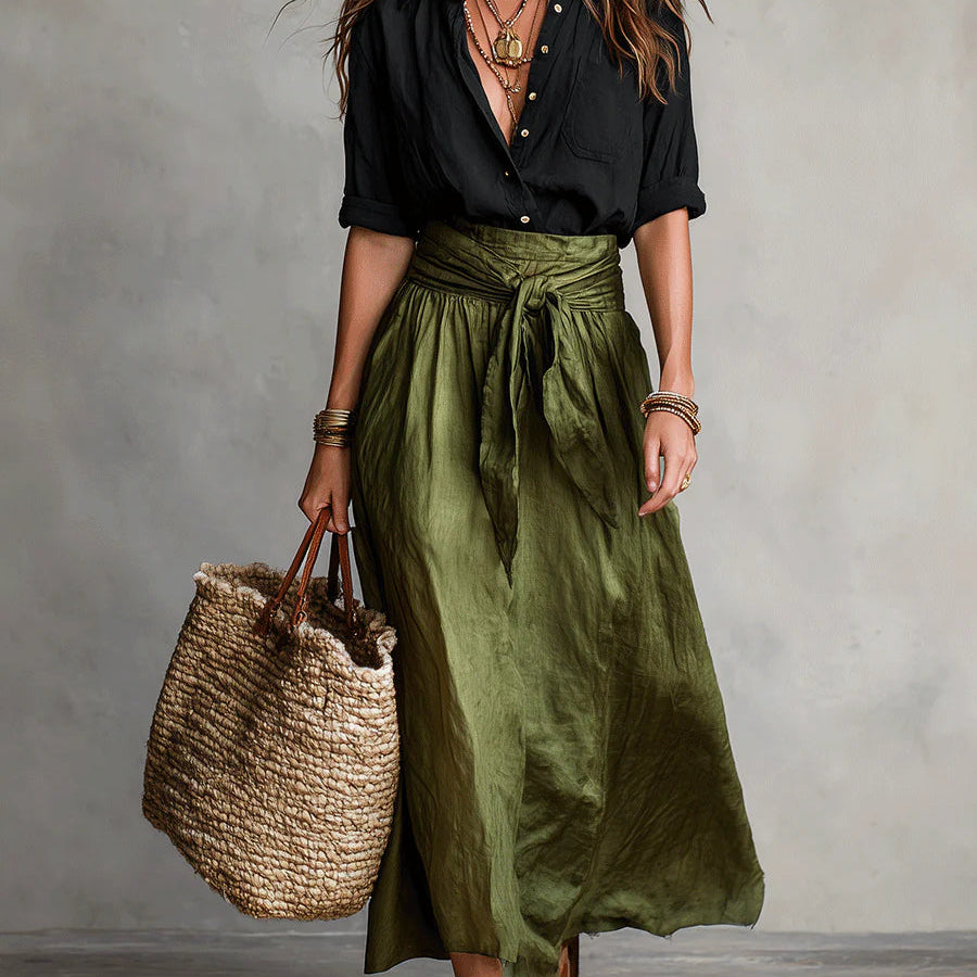 Lyla - Two-Piece Set: Black T-Shirt and Olive Green Midi Skirt