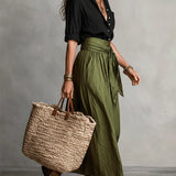 Lyla - Two-Piece Set: Black T-Shirt and Olive Green Midi Skirt