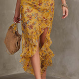 Emery - Ginger Yellow Floral Halter Neck Fitted Waist Chiffon Midi Dress