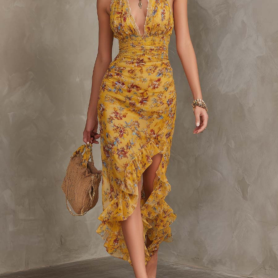 Emery - Ginger Yellow Floral Halter Neck Fitted Waist Chiffon Midi Dress