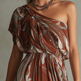 Dawn - Boho One-shoulder Irregular Marble Abstract Print Chiffon Midi Dress
