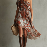 Dawn - Boho One-shoulder Irregular Marble Abstract Print Chiffon Midi Dress