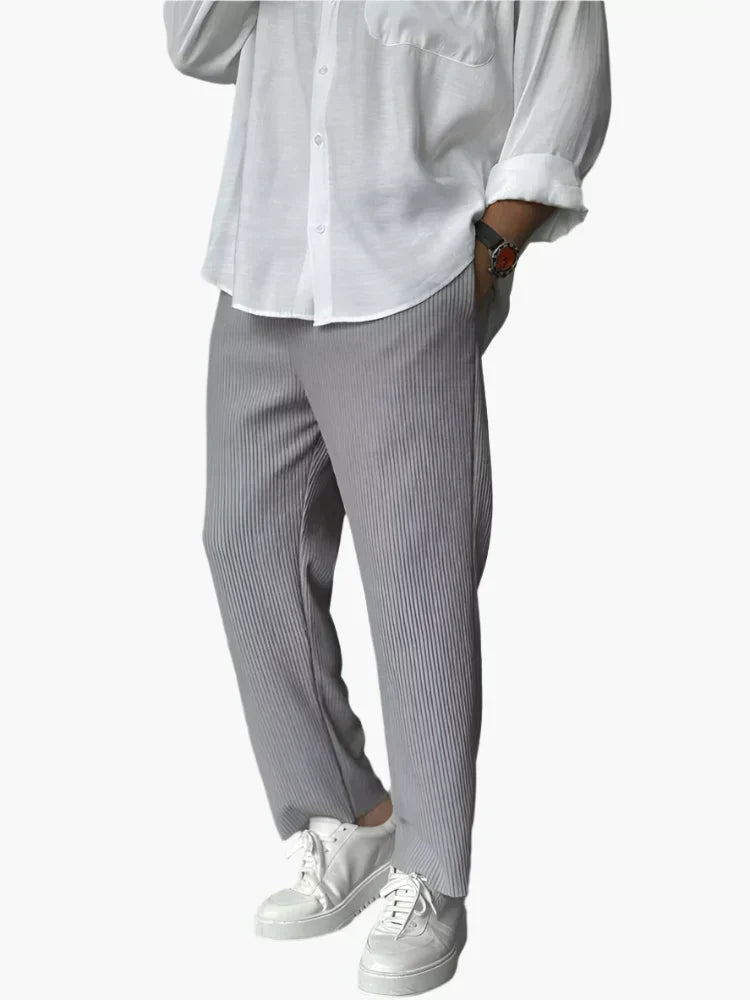 Ambrose men's relaxed pleated texture pants in Gray, view 3