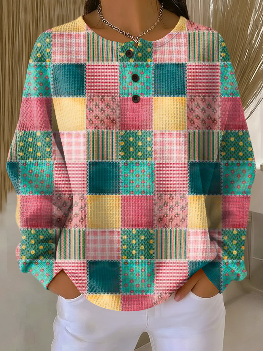 Ruth pink and turquoise patchwork waffle knit sweater, view 2
