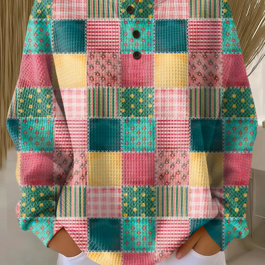 Ruth pink and turquoise patchwork waffle knit sweater, view 2