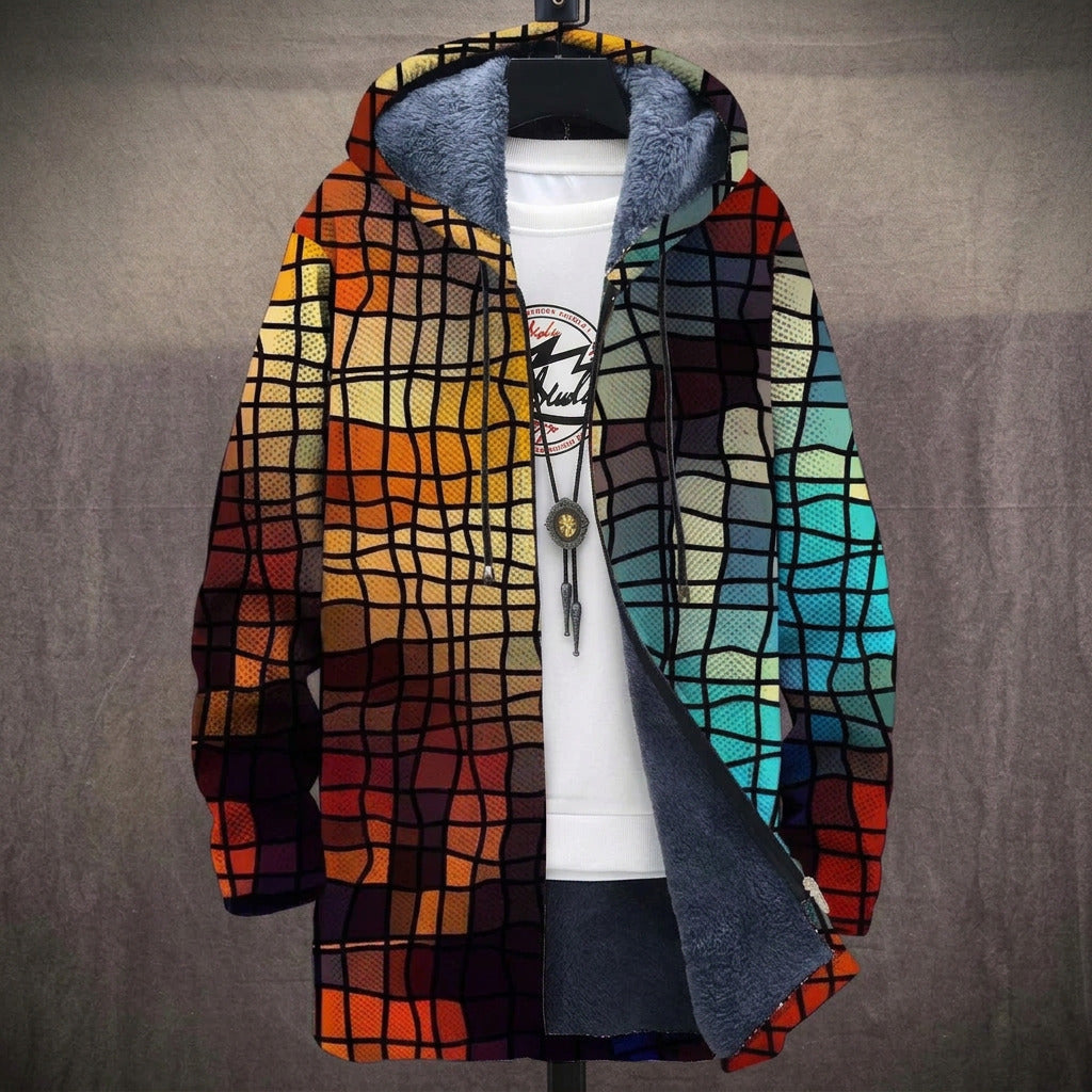 Alexandra stained glass mosaic print in orange, red and turquoise hooded jacket, front view