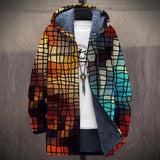 Alexandra stained glass mosaic print in orange, red and turquoise hooded jacket, front view