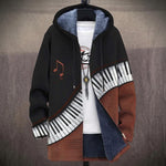 Alice piano keys and music notes print on black and brick brown hooded jacket, front view