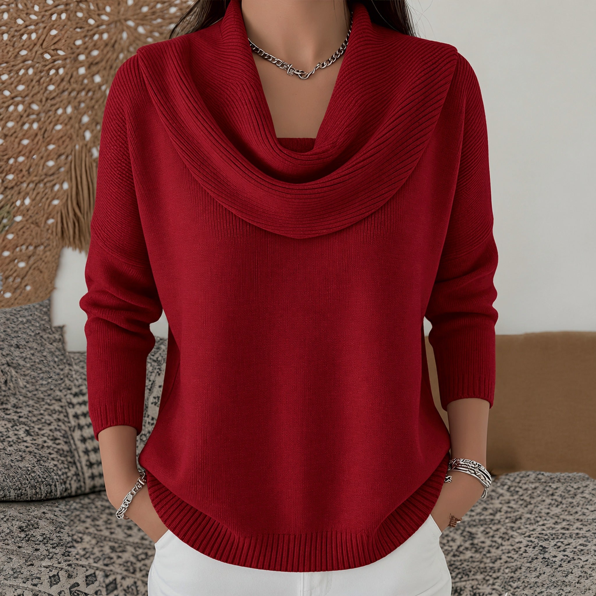 Angie cowl neck sweater in Red, front view