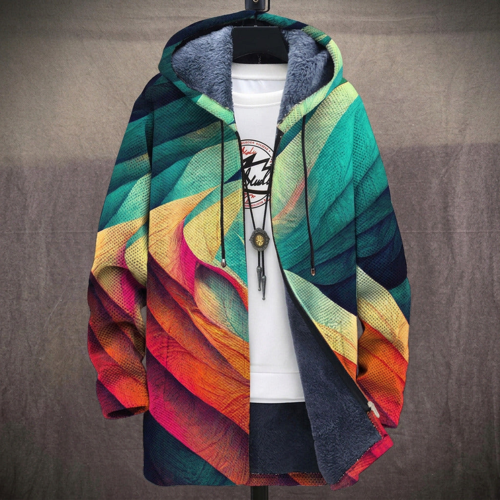 Anita layered abstract wave print in turquoise, orange and red hooded jacket, front view