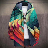 Anita layered abstract wave print in turquoise, orange and red hooded jacket, front view