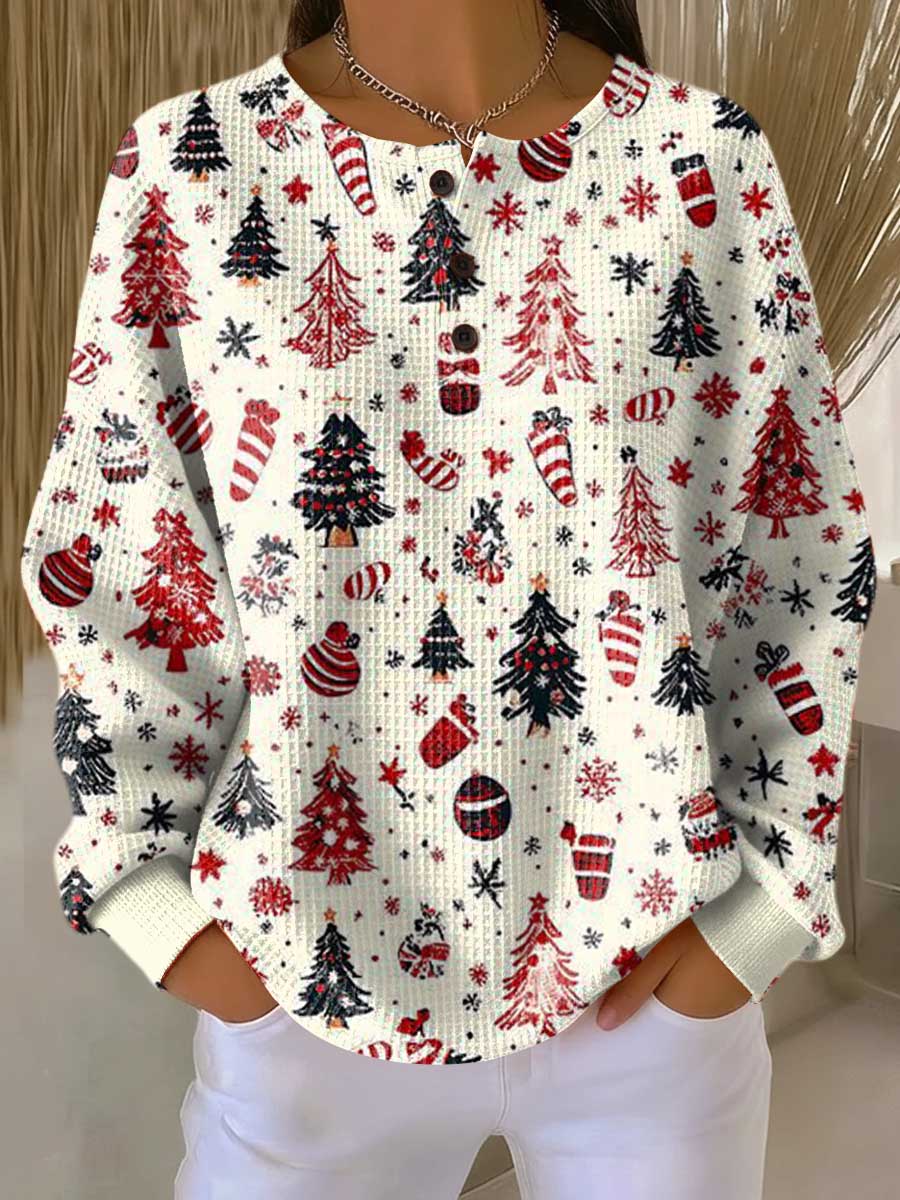 Holly white Christmas tree waffle knit sweater, view 2