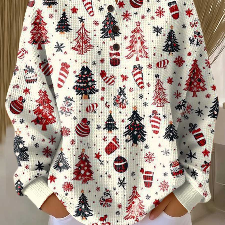Holly white Christmas tree waffle knit sweater, view 2