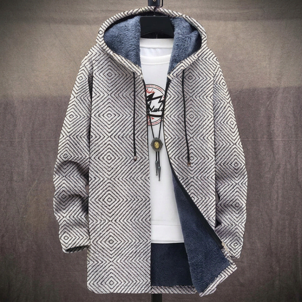 Barbara fine gray and white geometric print hooded jacket, front view
