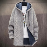 Barbara fine gray and white geometric print hooded jacket, front view