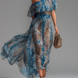 Lauren - Long chiffon dress with leopard print and bare shoulders