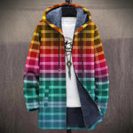 Bianca rainbow plaid print fading from yellow to pink and turquoise hooded jacket, front view