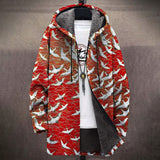 Bonnie white crane and Japanese wave print on deep red hooded jacket, front view