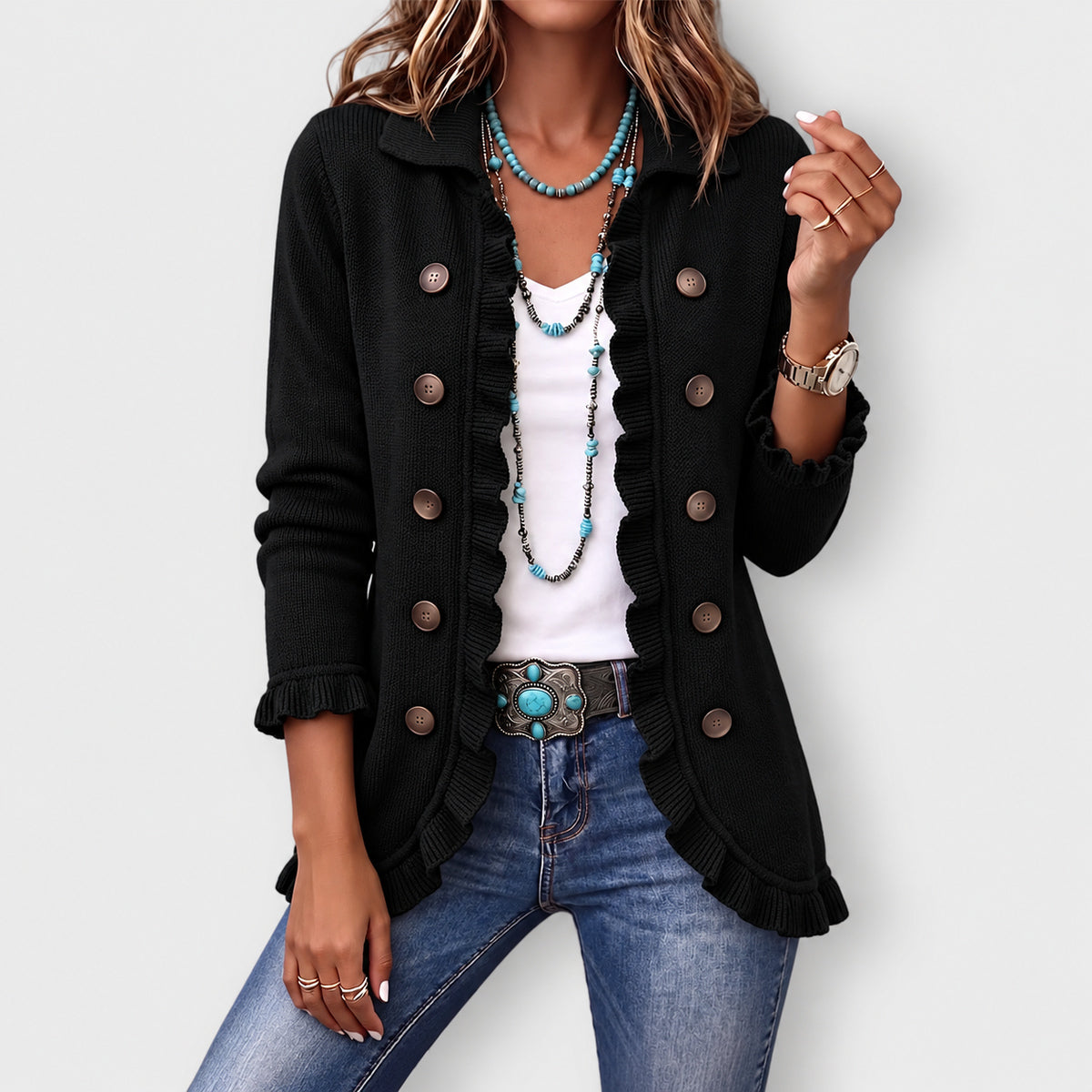 Camille ribbed knit ruffle jacket in Jet Black, front view