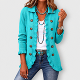 Maribel ribbed knit ruffle jacket in Turquoise, front view