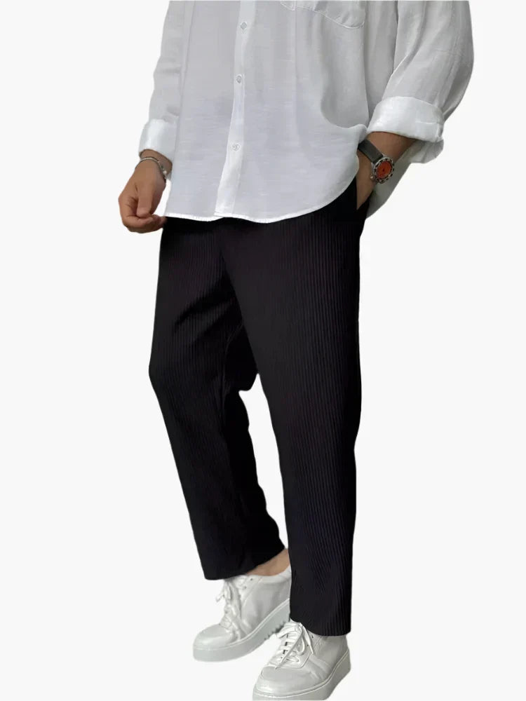 Ambrose men's relaxed pleated texture pants in Black, view 2