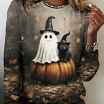 Autumn ghost pumpkin t-shirt in gray, black, front view
