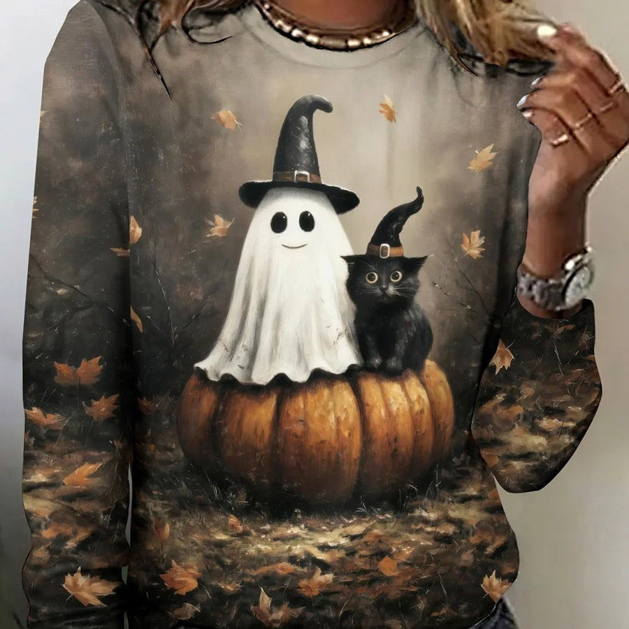 Autumn ghost pumpkin t-shirt in gray, black, front view