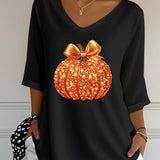Camila | Halloween Sequined Pumpkin Print V-Neck Three-Quarter Sleeve Casual Loose Blouse