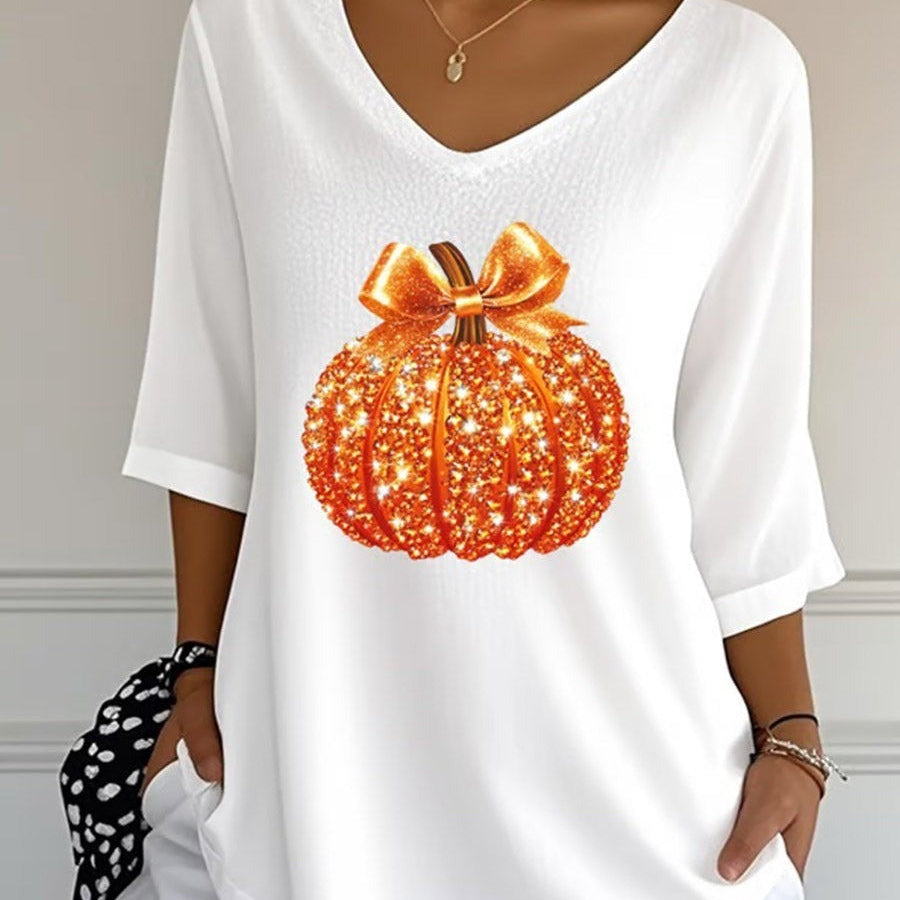 Camila | Halloween Sequined Pumpkin Print V-Neck Three-Quarter Sleeve Casual Loose Blouse