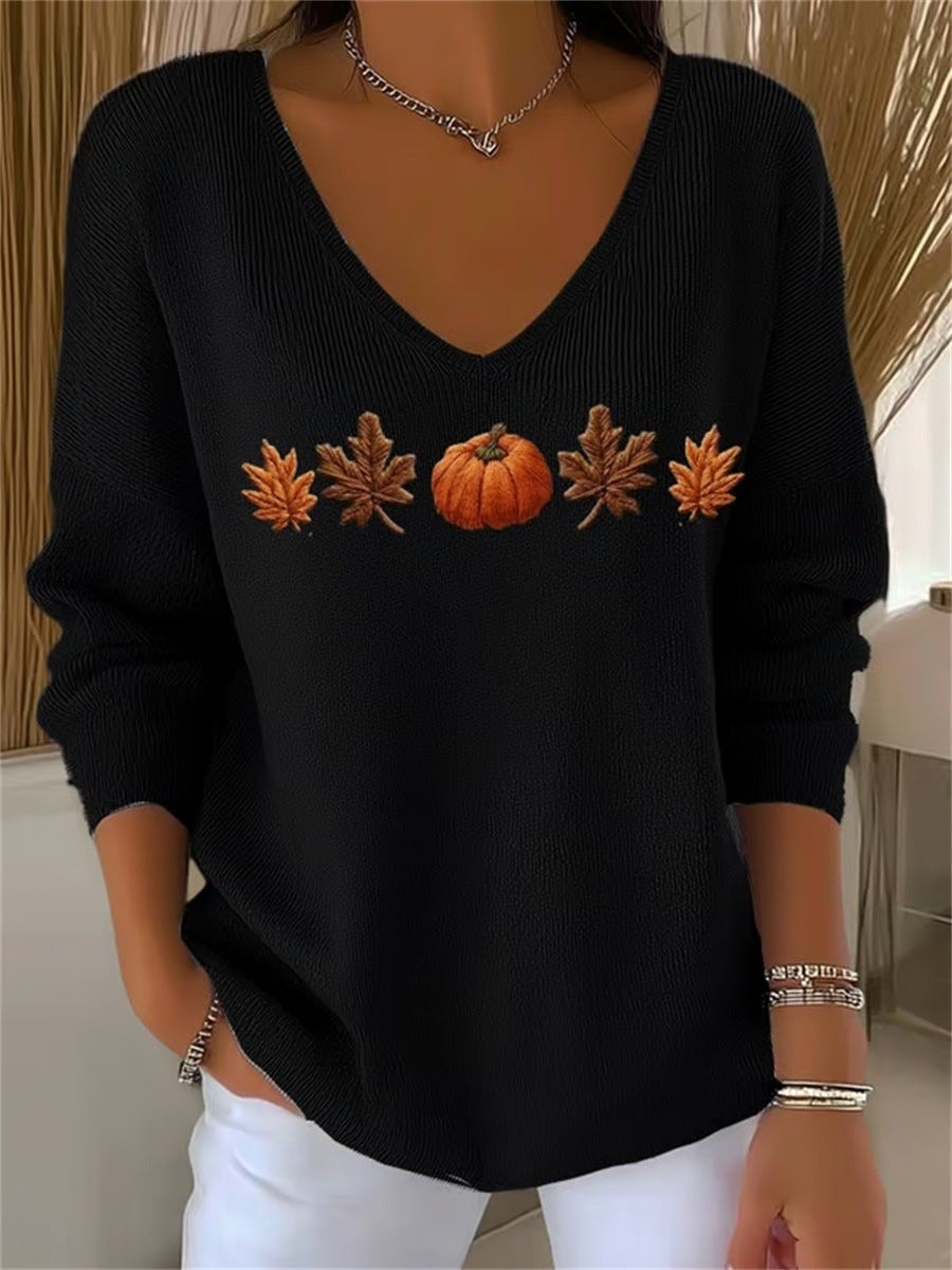 Lydia pumpkin leaf v neck sweatshirt in black, detail view