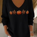 Lydia pumpkin leaf v neck sweatshirt in black, detail view