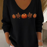 Lydia pumpkin leaf v neck sweatshirt in black, detail view