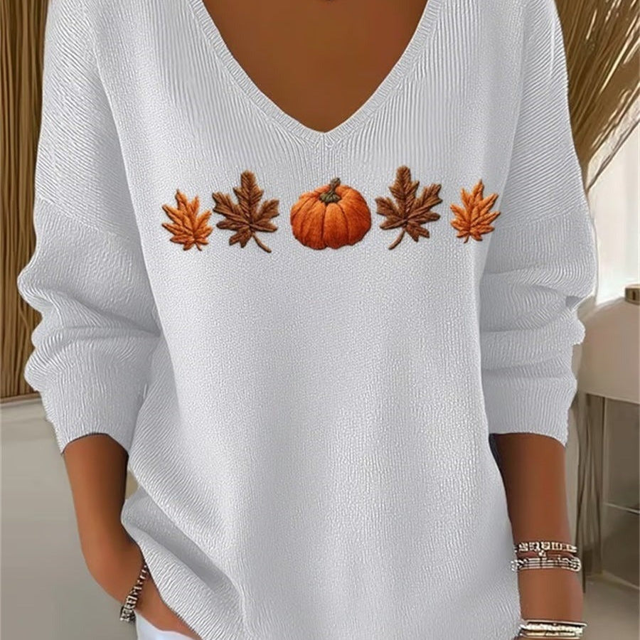 Lydia | Halloween Autumn Maple Leaf and Pumpkin Print Long Sleeve V-Neck Casual Sweatshirt
