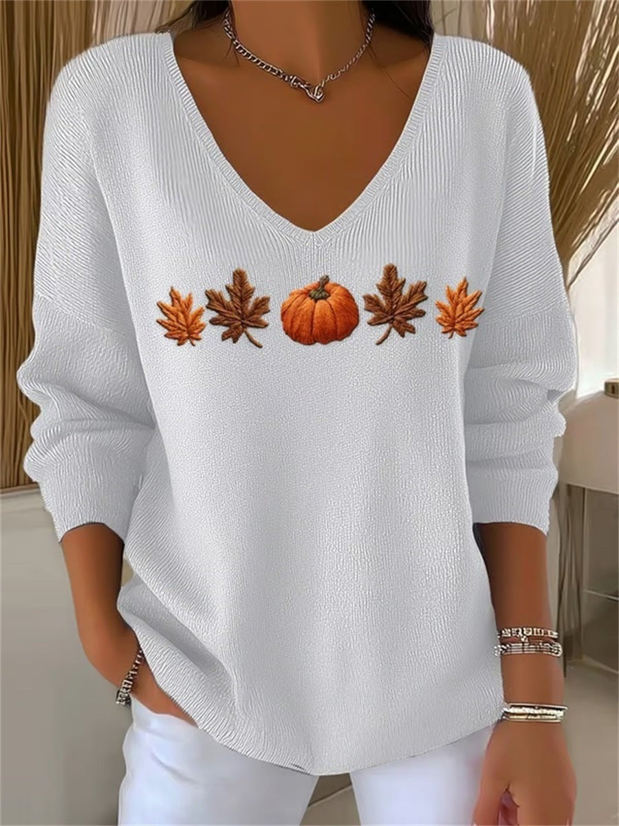 Lydia pumpkin leaf v neck sweatshirt in white, detail view